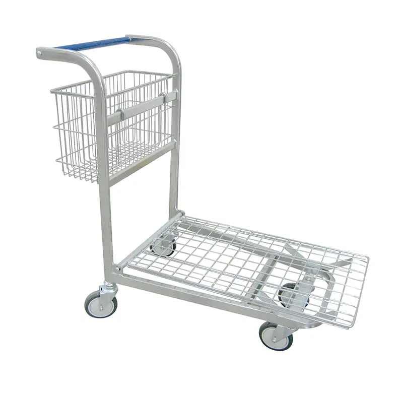 Ergonomic handle and mesh storage basket on the QHFTB trolley for secure small-parts picking.