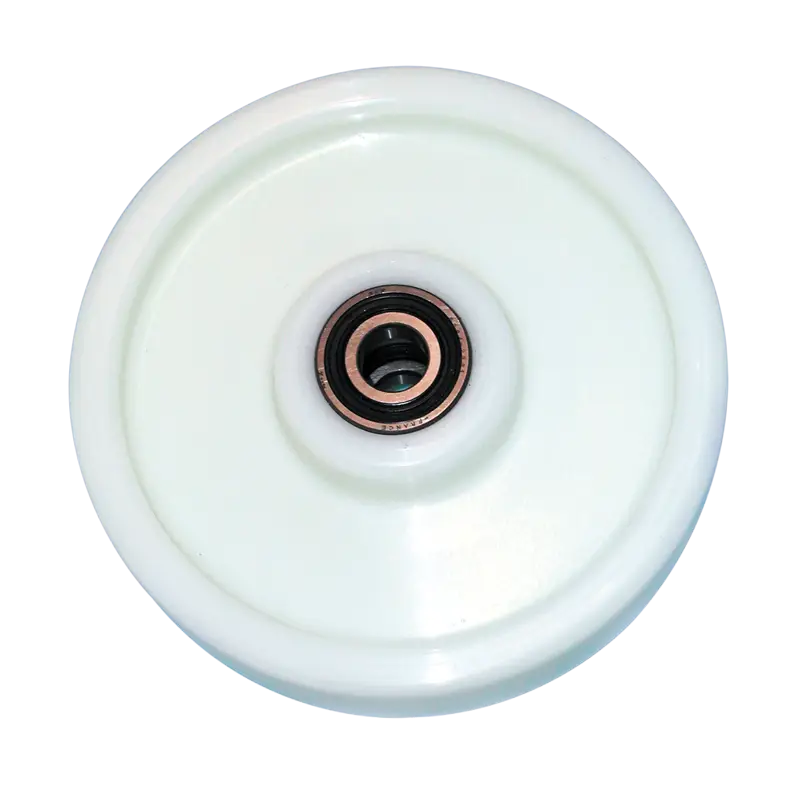 NPAL200A Pallet Truck Steering Wheel, 200mm diameter x 60mm tread width, with ball bearings for a 20mm axle, likely made of nylon or polyurethane.