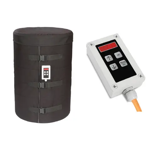 UDH120 Series Heating Jacket/Drum Wrap designed for a 200-litre (200L) drum. The wrap features a flexible material, straps for secure fitting, and a compact digital temperature controller with a display, used for precisely heating contents like oil or grease to reduce viscosity.