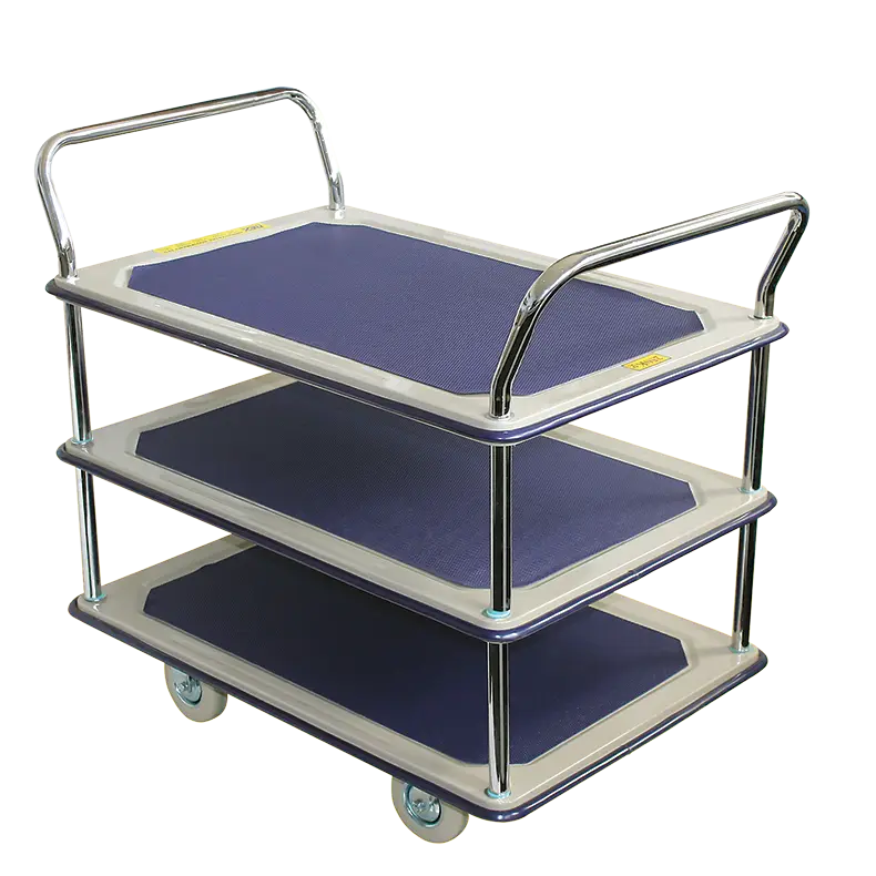4VDS3B 3-deck pressed steel trolley, 880mm x 580mm shelves, for organised industrial transport.