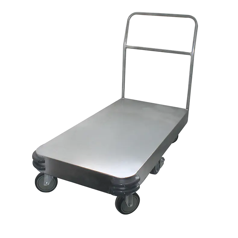 "Flatbed trolley used in supermarkets with six wheels"