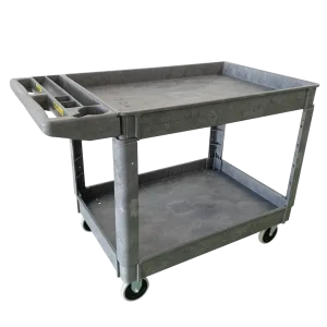 UC252L Heavy-Duty Plastic Utility Cart with 2 shelves and ergonomic push handle, rated for 227kg capacity.