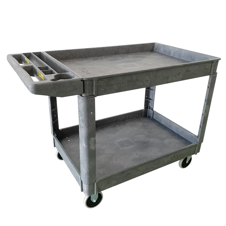 UC252L Heavy-Duty Plastic Utility Cart with 2 shelves and ergonomic push handle, rated for 227kg capacity.