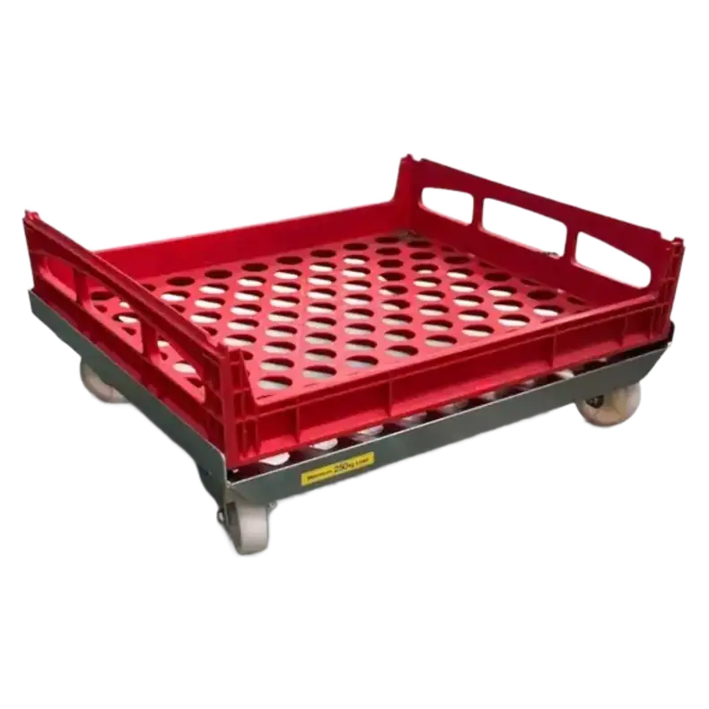Red bread crate loaded on a zinc-plated bread crate dolly with nylon castors