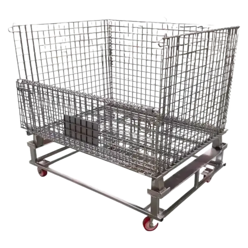 Collapsible wire mesh stillage cage on a Rex zinc plated dolly with braked polyurethane castors, ready to roll